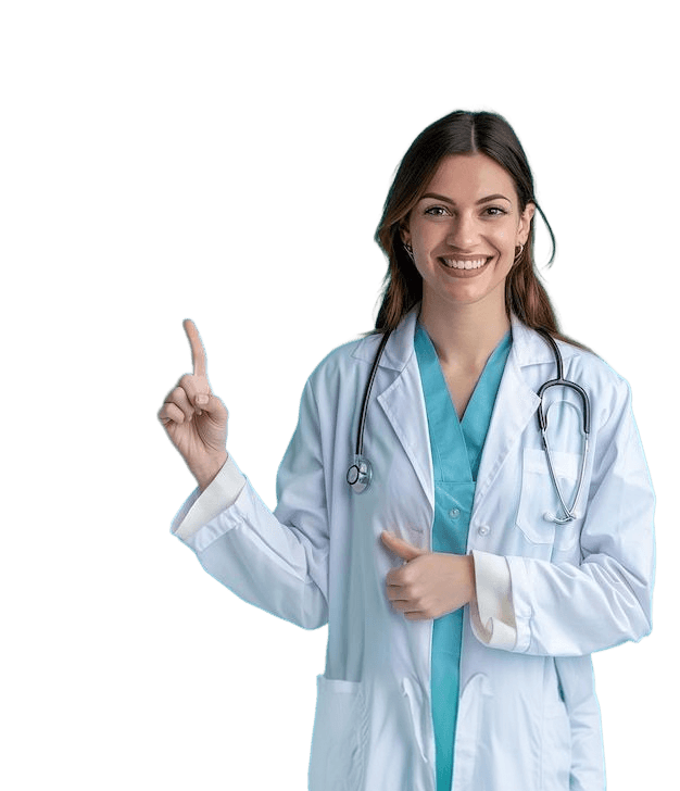Doctor pointing toward question card